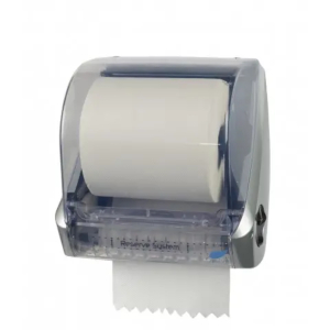 A clear plastic paper towel dispenser